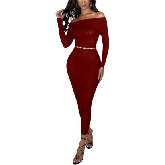 Women's Sexy Off Shoulder Ribbed Dress Red - Picture 3 of 4